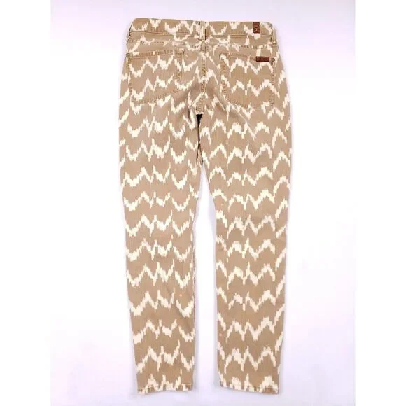 7 For All‎ Mankind Cropped Skinny Jeans Beige White Ikat Print 27 Stretch Denim - Picture 2 of 9